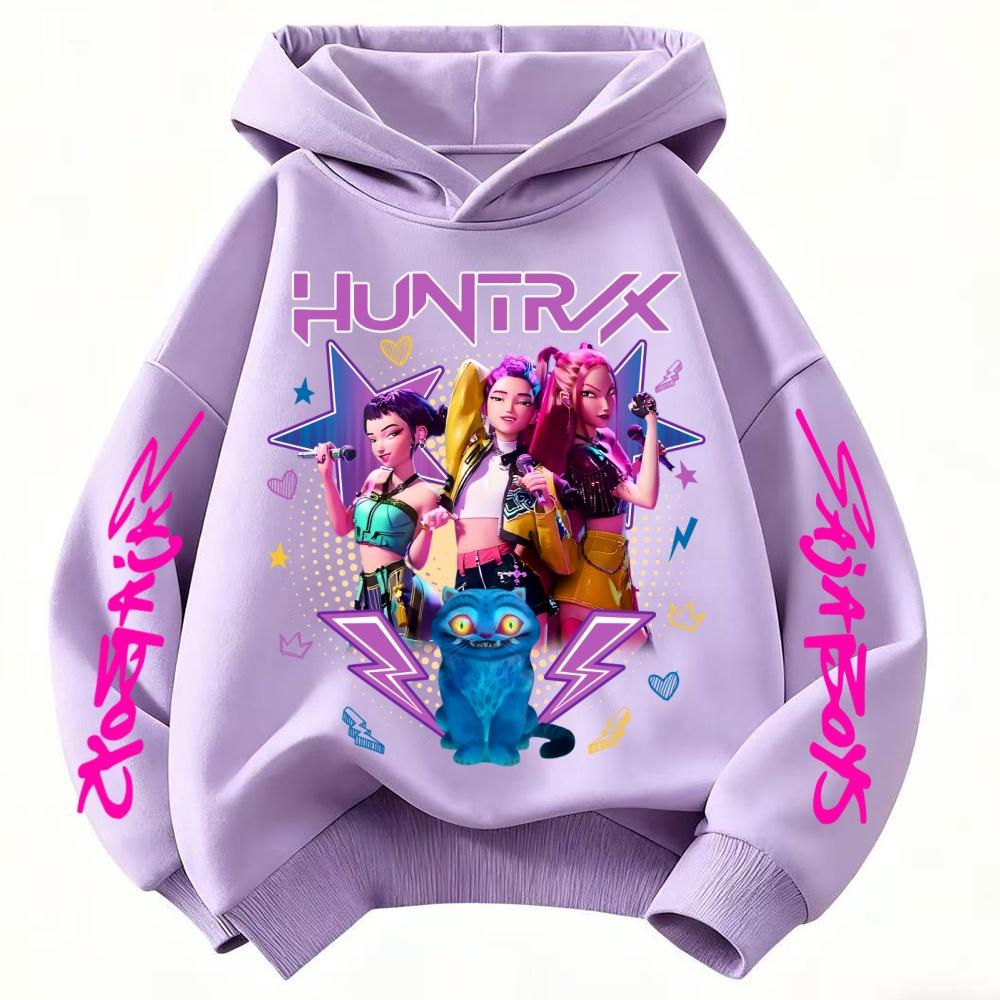 Demon Hunter Print Girl's Hooded Streetwear Autumn Cute Anime Pullover Kids Y2K Kawaii Long Sleeved Clothes