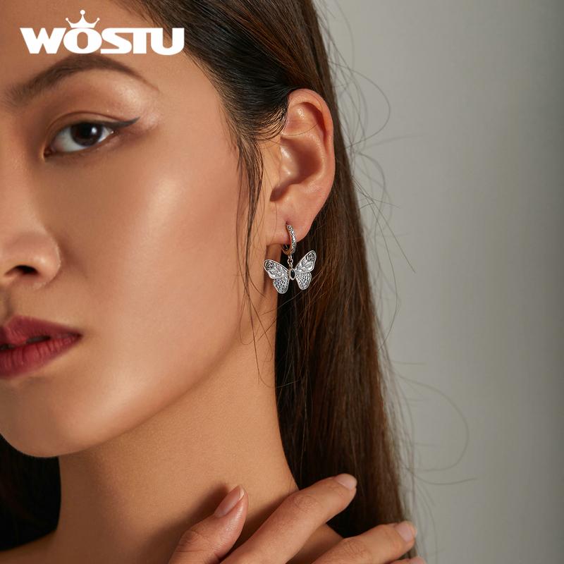 WOSTU 925 Sterling Silver Vintage Exquisite Pattern Butterfly Drop Earrings for Women Fine Jewelry