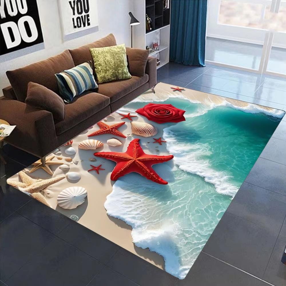 2025 Neuer Seestern Strand Muschel Seestern Sand Teppich Teppich für Wohnzimmer Schlafzimmer Zuhause Sofa Dekoration, Kinder Spielen Rutschfeste Bodenmatte