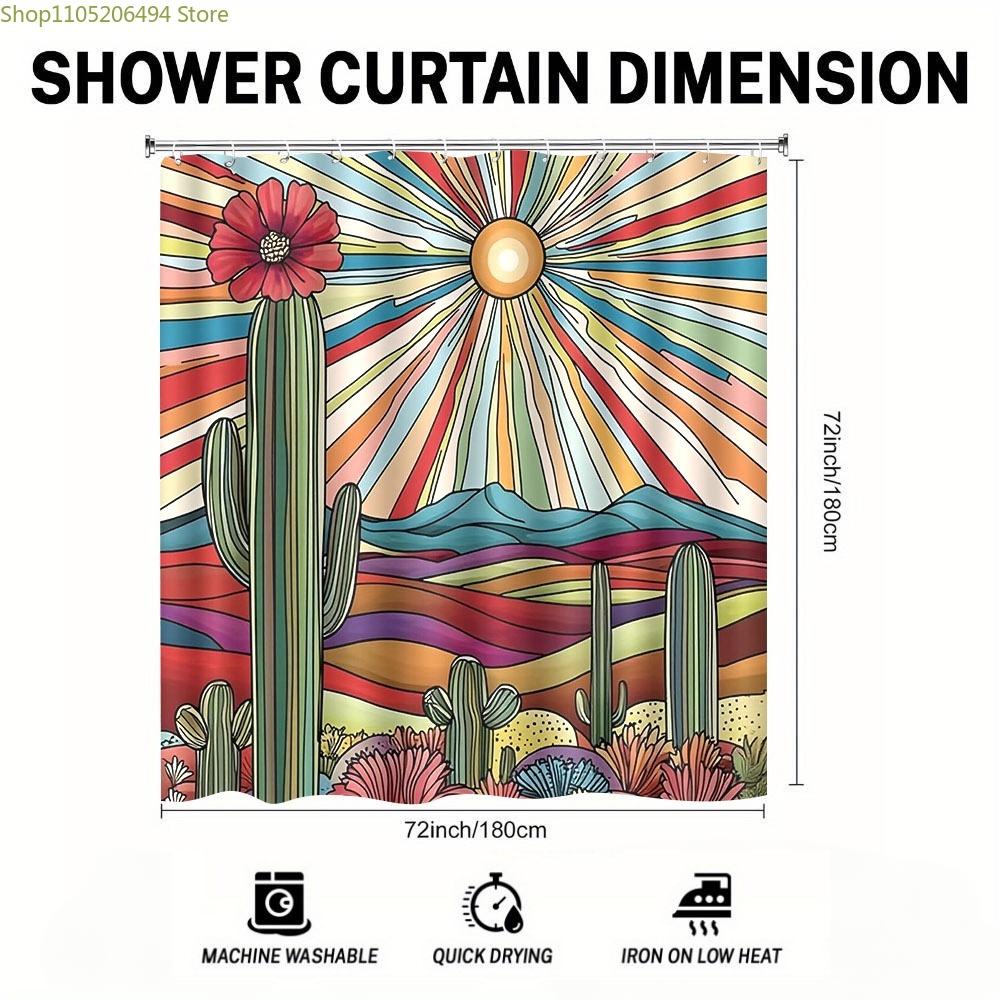 1pc Desert Cactus Themed Shower Curtain | 180x180cm Polyester, Retro Psychedelic Style, Vibrant Colorful, Includes 12 Hooks, F