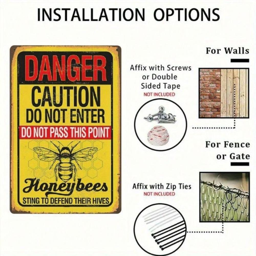Vintage Danger Sign Metal Poster Bee Honeycomb Wall Art Home Decor 12x8in