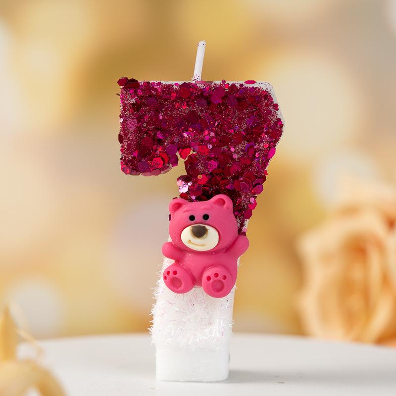Strawberry Bear Glitter Birthday Candle - Creative Color Block Design