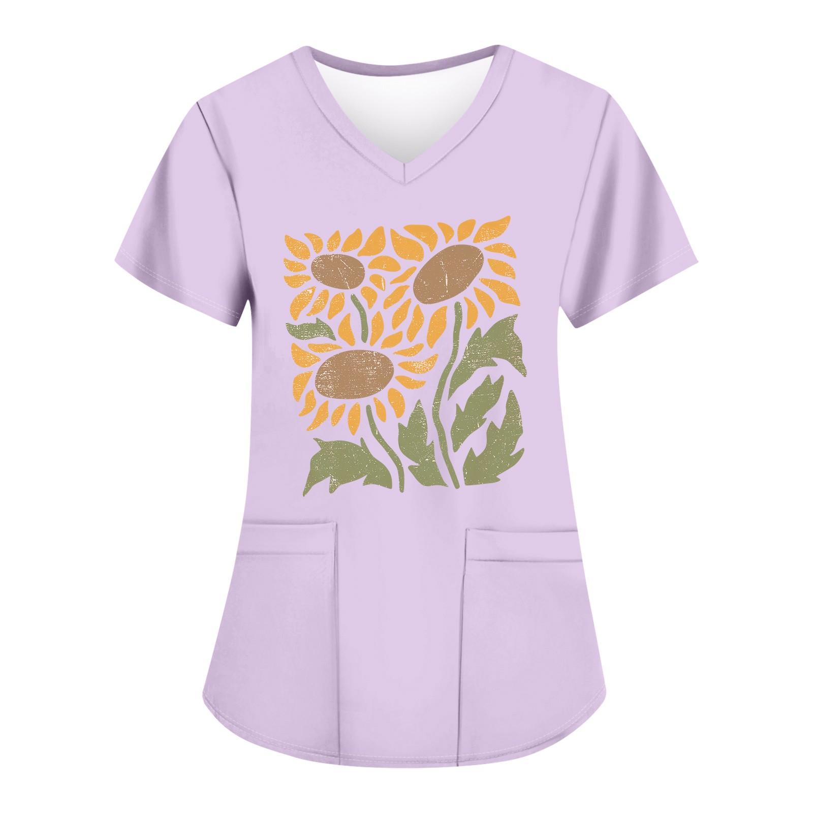 

Жіночі модні робочі футболки з принтом і V-подібним вирізом з короткими рукавами та кишенями XL фіолетовий