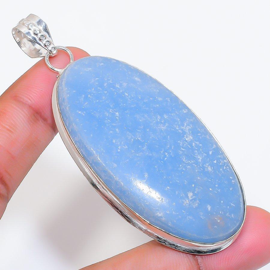 Natural Angelite Stone Gemstone 925 Sterling Silver Jewelry Pendant 2.96" AP-16593