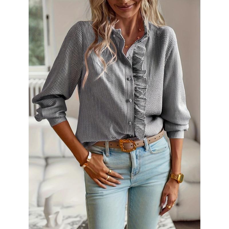 Dameskjuser Høst Vinter Skjorter Mote Fritid Rysjer Enkeltspent Langermet Skjorte Stripete Topper