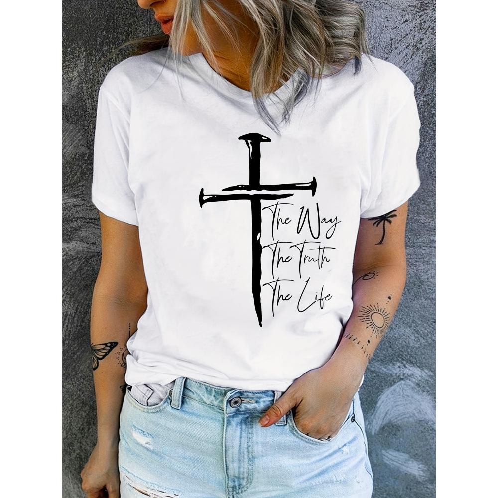 Tričko Love Like Jesus s potiskem, krátký rukáv s výstřihem, neformální top na léto a jaro, dámské oblečení