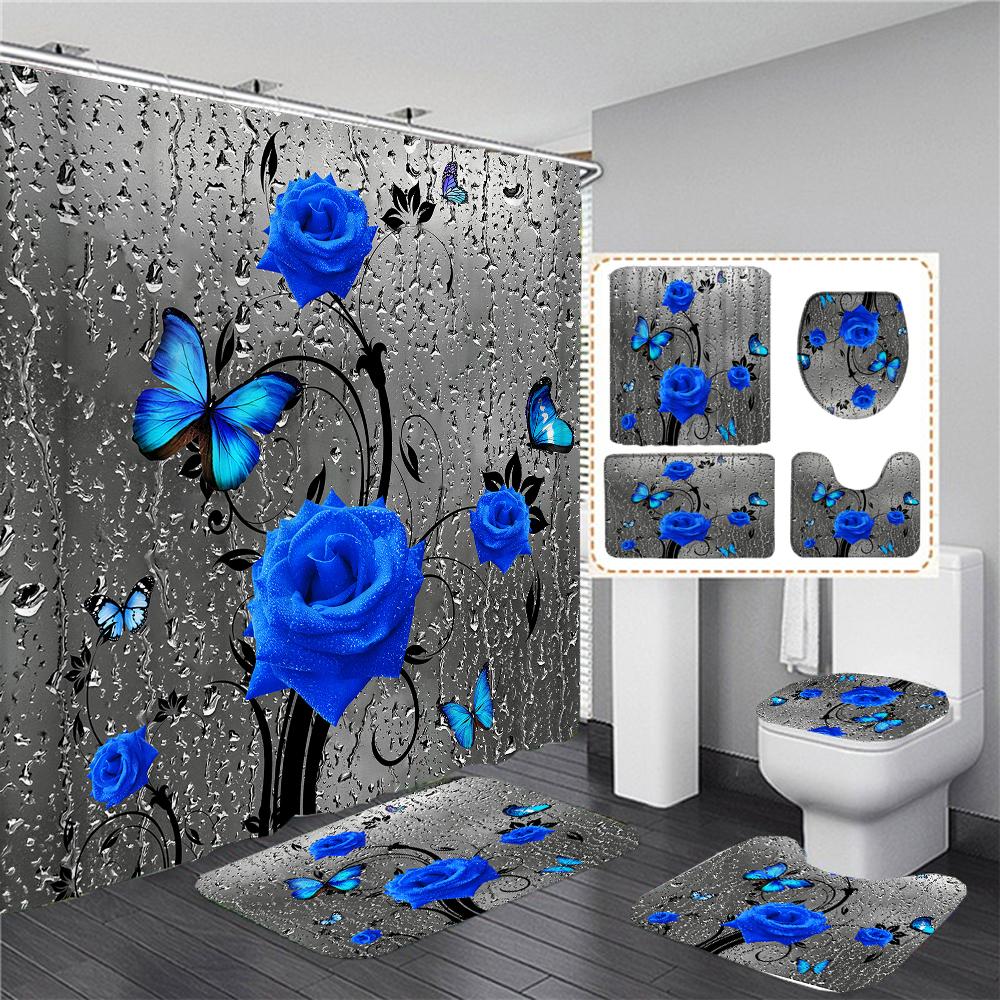180*180cm Blue Rose Flowers Fabric Shower Curtains Bath Mat Rugs Beautiful Butterfly Flower Bathroom Curtain Set Home Decoration