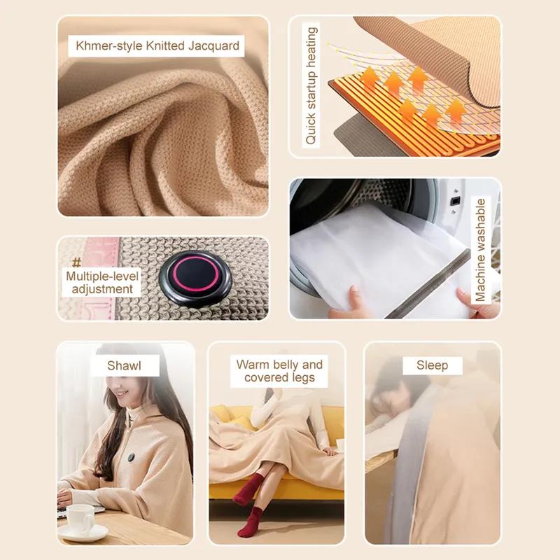 Corded Heated Blanket USB Powered Soft Zipper Shawl Wrap 3 Temperature Adjustment Warm Heating Scarf for Indoor Outdoor