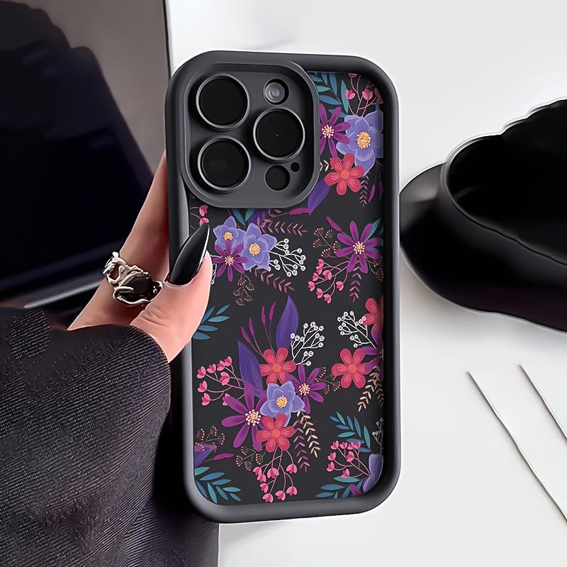 Black floral printed TPU phone case suitable for iPhone 17 16 15 14 13 12 11 Pro/Max/Plus anti drop and shockproof back cover