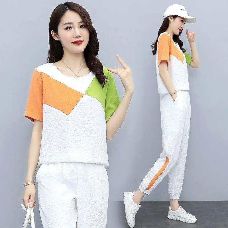 Plus Size Color Block Two-Piece Sportswear Set: Short Sleeve T-shirt & Jogger Pants