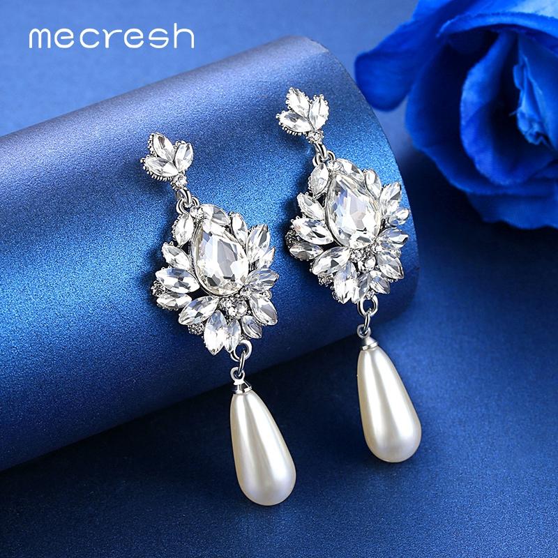 Elegant Simulated Pearl Bridal Drop Earrings For Women Flower Crystal Hanging Brincos Wedding Jewelry Meh1022