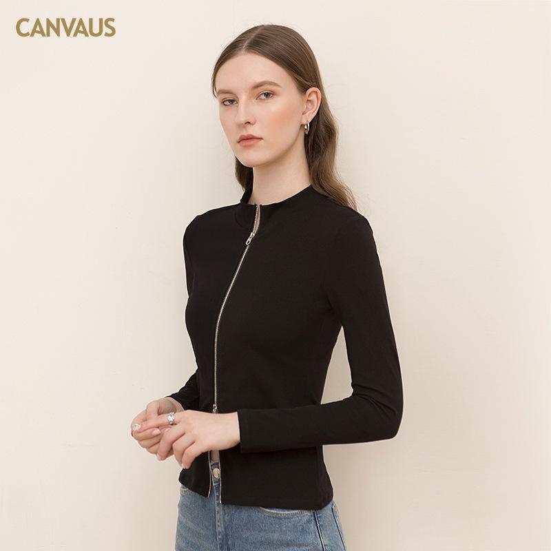 CANVAUS Herbstliches, kleines, hochgeschlossenes, schwarzes Reißverschluss-Oberteil aus europäischer und amerikanischer Baumwolle mit langen Ärmeln und schmalem Schnitt
