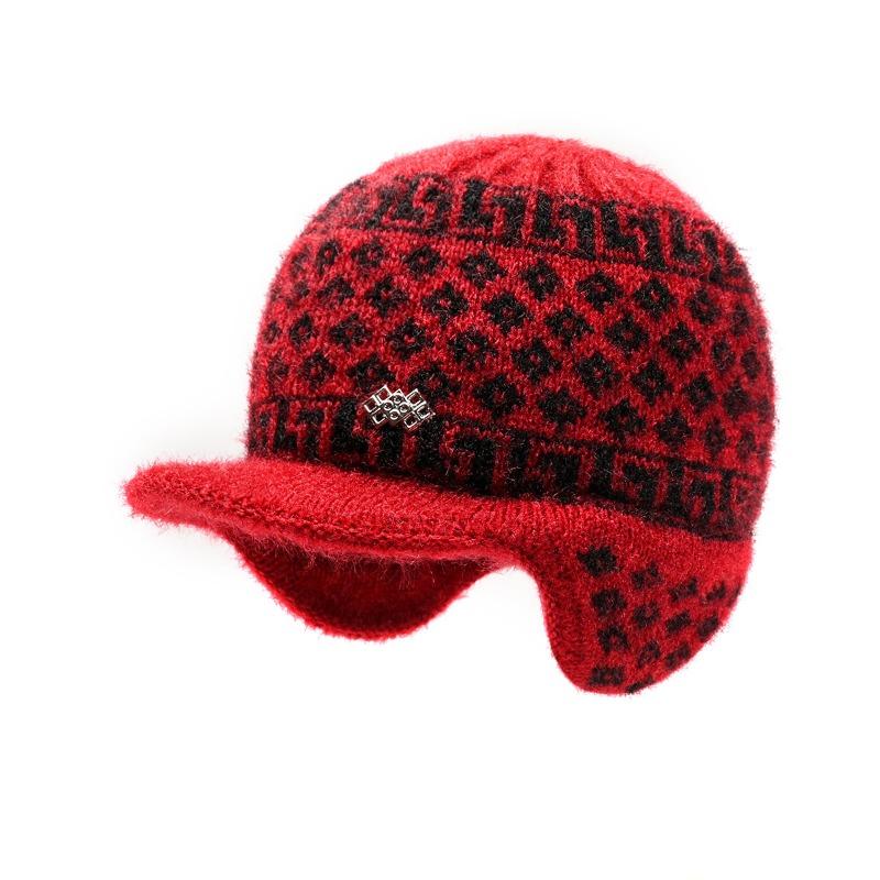 Hat Women's Autumn and Winter New Big Brim Wool Hat Old Lady Fleece Warm Ear Protector Knitted Hat