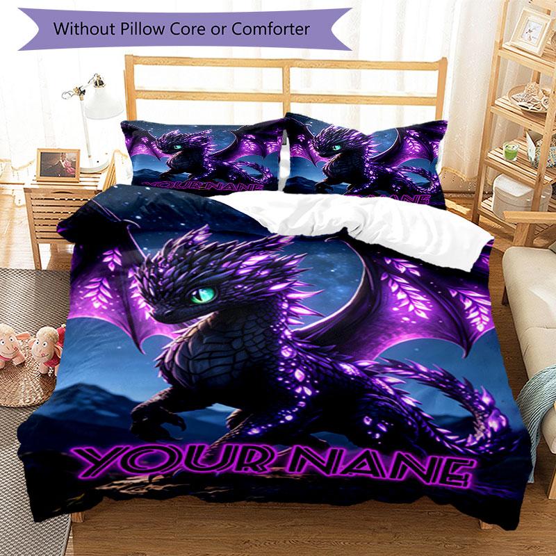3PC Custom Name Purple Dragon Fantasy Art Bedding Set Duvet Cover Closure Includes 1 Duvet Cover & 2 Pillowcases for Bedroom