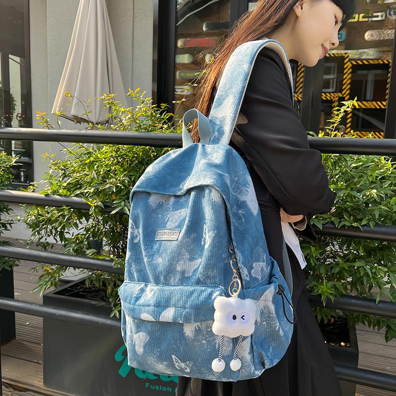 Women's Butterfly Printed Backpack Corduroy Student School Bag Large Capacity Class Backpack