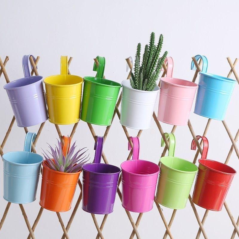 Colorful Metal Hanging Flower Pot with Curved Hook – Small Iron Bucket for Balcony or Wall with Succulent or Green Plant