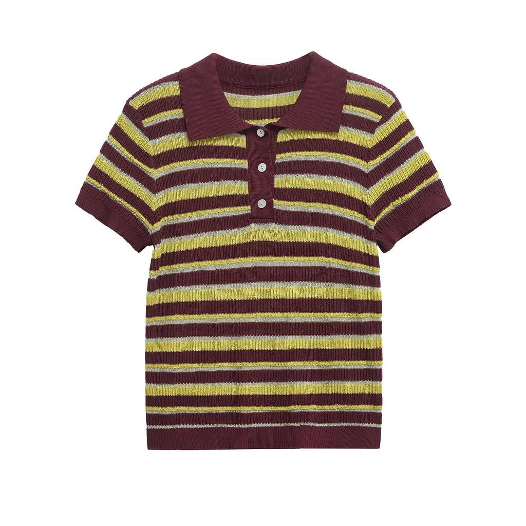 Spring 2025 Women's Striped Polo Collar Short Sleeve Top - European & American Style Fashion.
