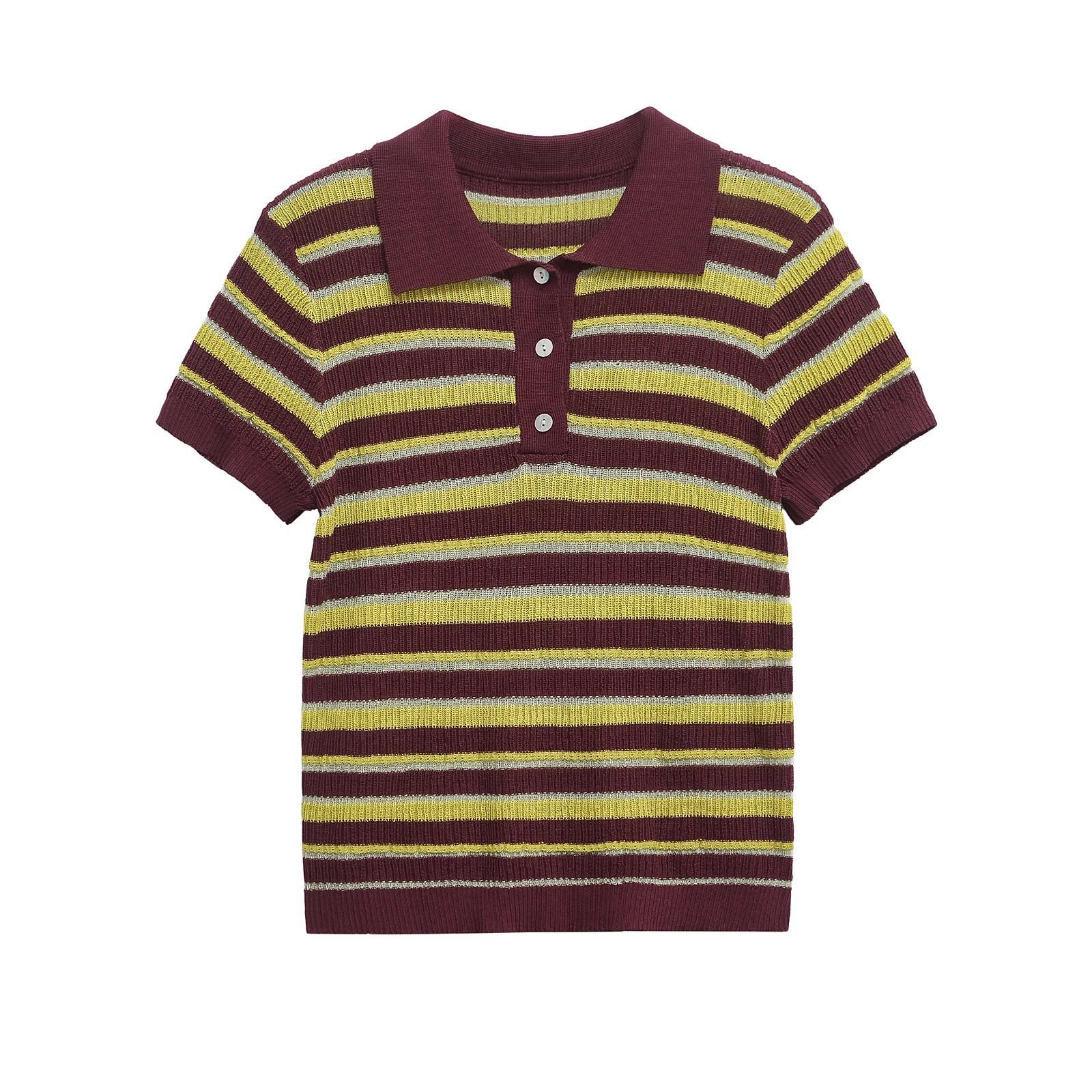 

Весна 2025 Женский полосатый топ с коротким рукавом и воротником поло - Мода в европейском и американском стиле. S