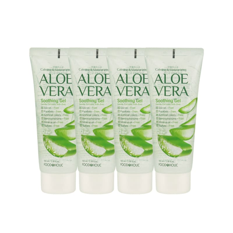 (4ea) Foodaholic Aloe Vera Soothing Gel 100ml/Tube Portable Contains Centella Asiatica Extract, Soothing, Quick Moisturizing