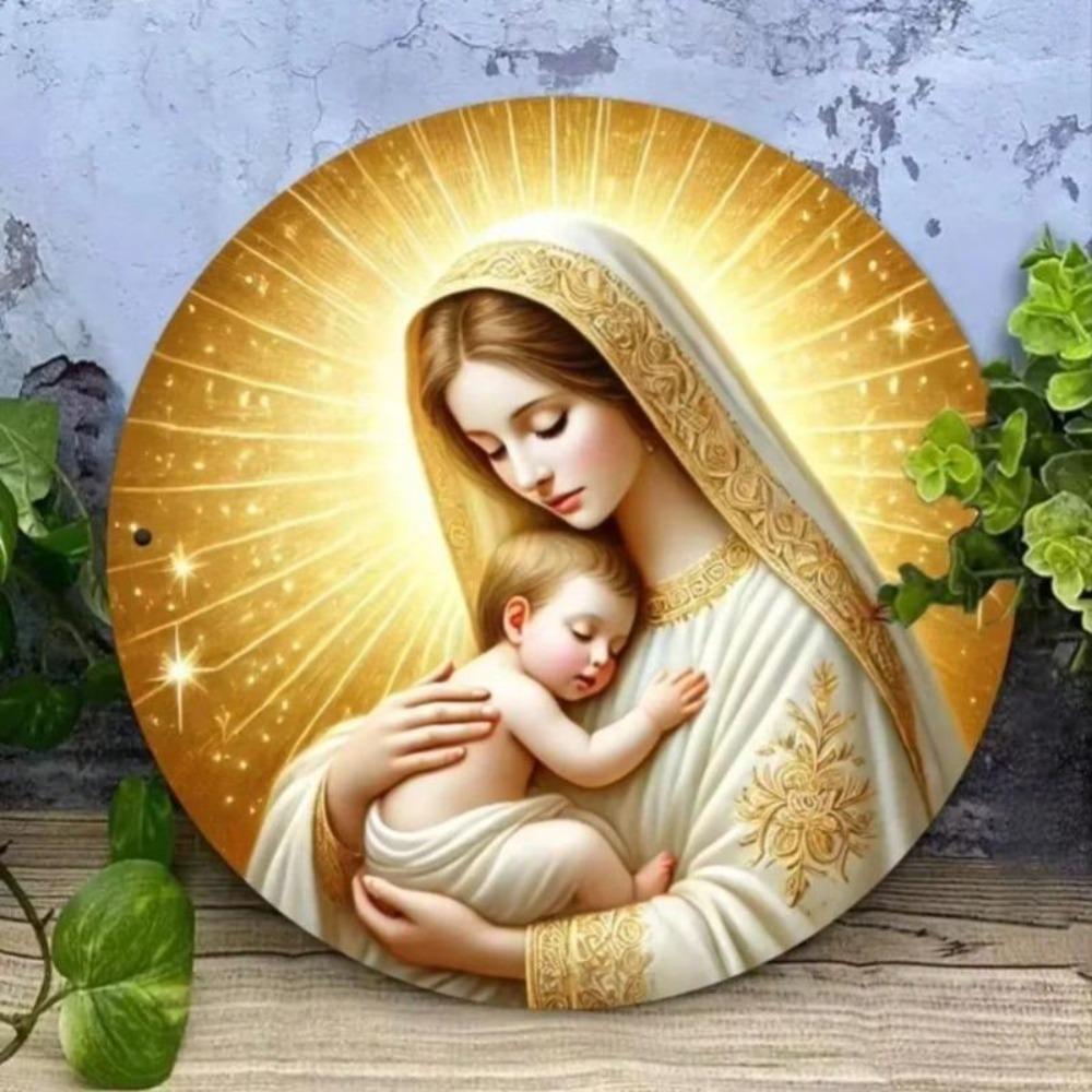 Vintage Metal Wall Art Virgin Mary Gold Halo Infant Jesus Religious Icon