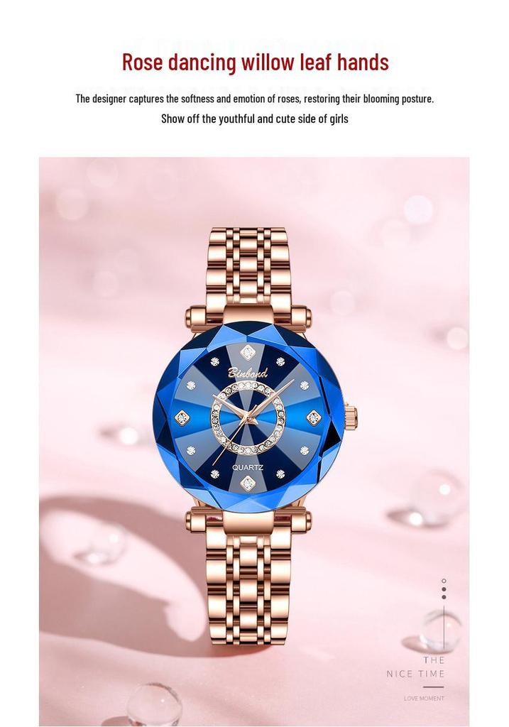 Women's Waterproof Ocean Heart Multi-Faceted Glass Watch with Stainless Steel Band - Blue Starry Sky Design