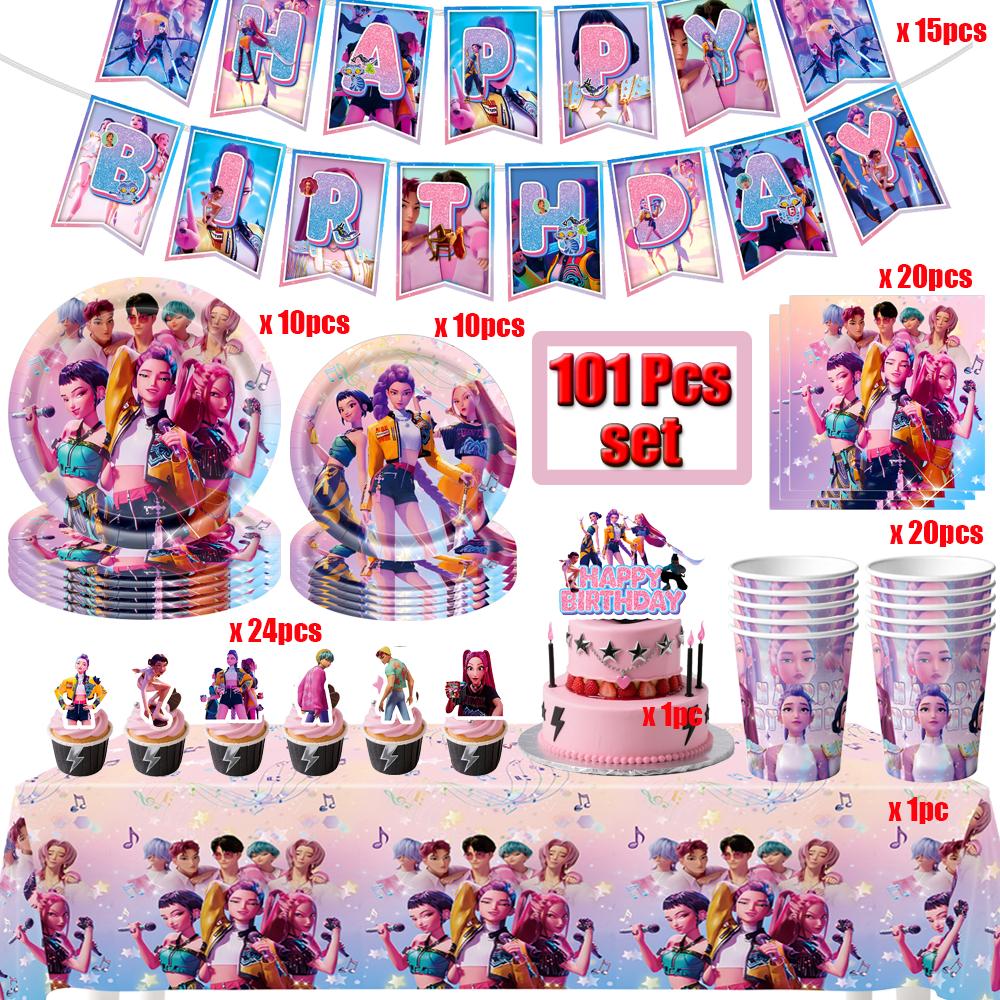 Cacciatori di Demoni Decorazioni per Festa di Compleanno Stoviglie Banner Decorazioni Topper per Torta Palloncino Ragazza Bambino Coreano Kpop Anime Set Forniture per Festa