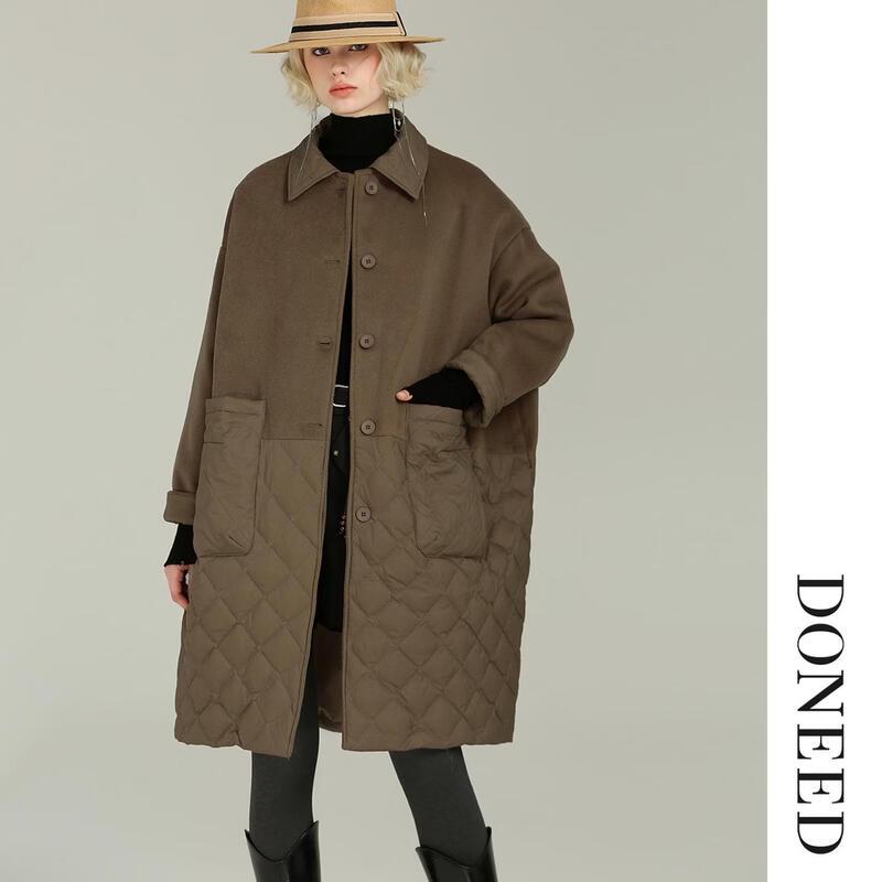 DONEED Women's Retro Wool-Blend Quilted Down Mid-Length Coat