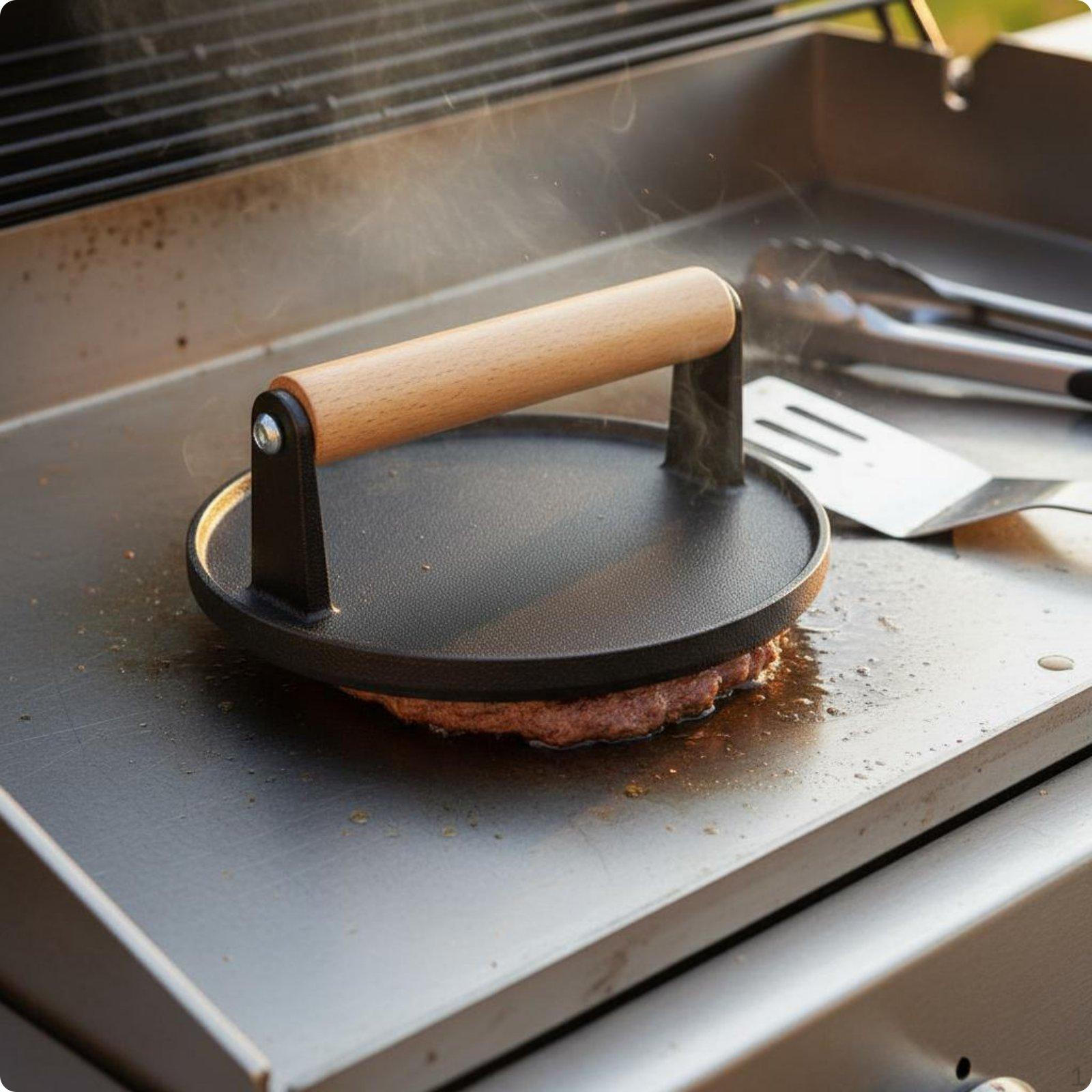 Cast Iron Patty Press Uncoated Heavy Duty Hamburger Smasher for Barbecue, Griddle Square Round Steak Press