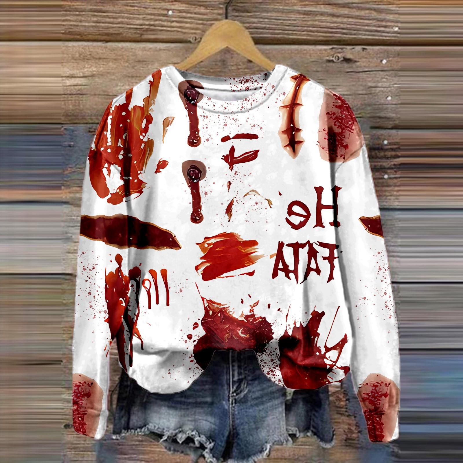 

Женская хеллоуинская осень-зима, новая модная тенденция, толстовка с капюшоном, оригинальная вечеринка, кровавый принт, топ, пуловер для женщин, футболки 8XL