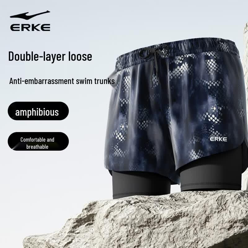 ERKE Men s Quick-Dry Double-Layer Square-Leg Swim Trunks 2XL