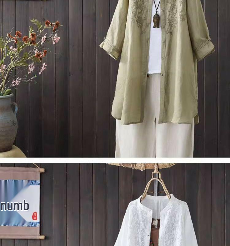 Women's 2024 Retro Embroidered Cotton Linen Stand Collar Mid-Length Shirt-Coat