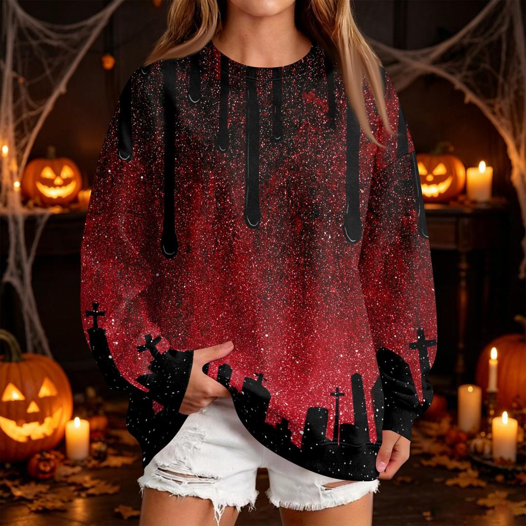 Women's Casual Round Neck Sweatshirt with Halloween Print, Long Sleeve Pullover for Festivals