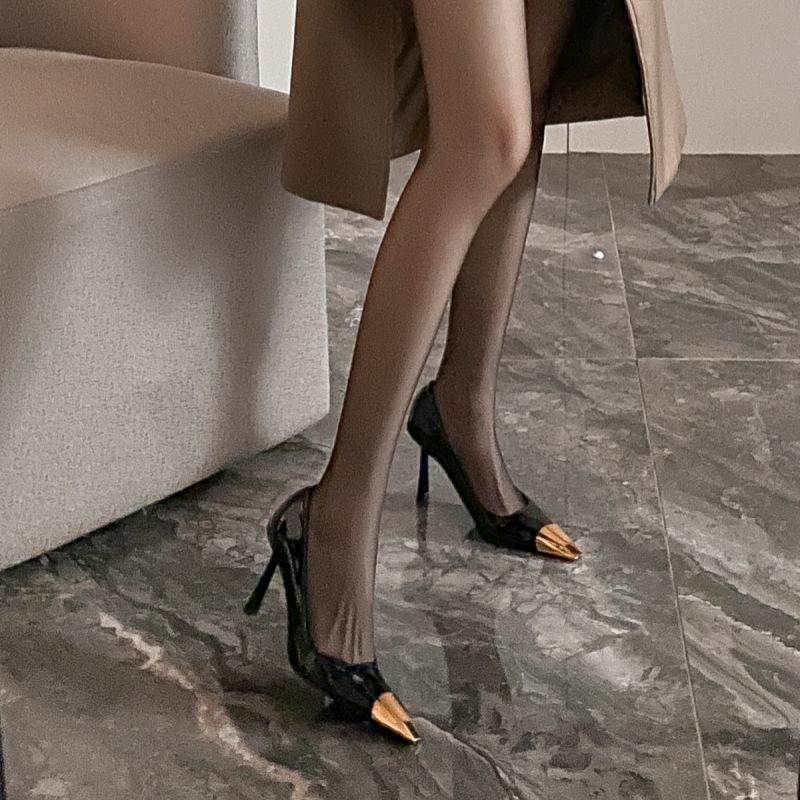 Poplar forest with the same metal square head sexy thin heel single shoes women's black patent leather versatile one-pedal iron head high heels