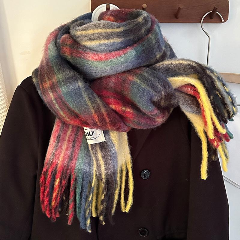 Luochi Knitting: Women s Wool Blend Plaid Scarf with Tassels - Winter Warm, British Style