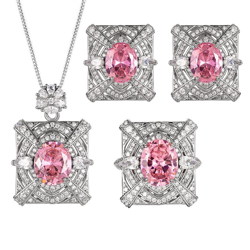 Halskette Ring Ohrringe Set Schmuckschatz Eingelegt mit rosa Zirkoniumblüten High-End Damen