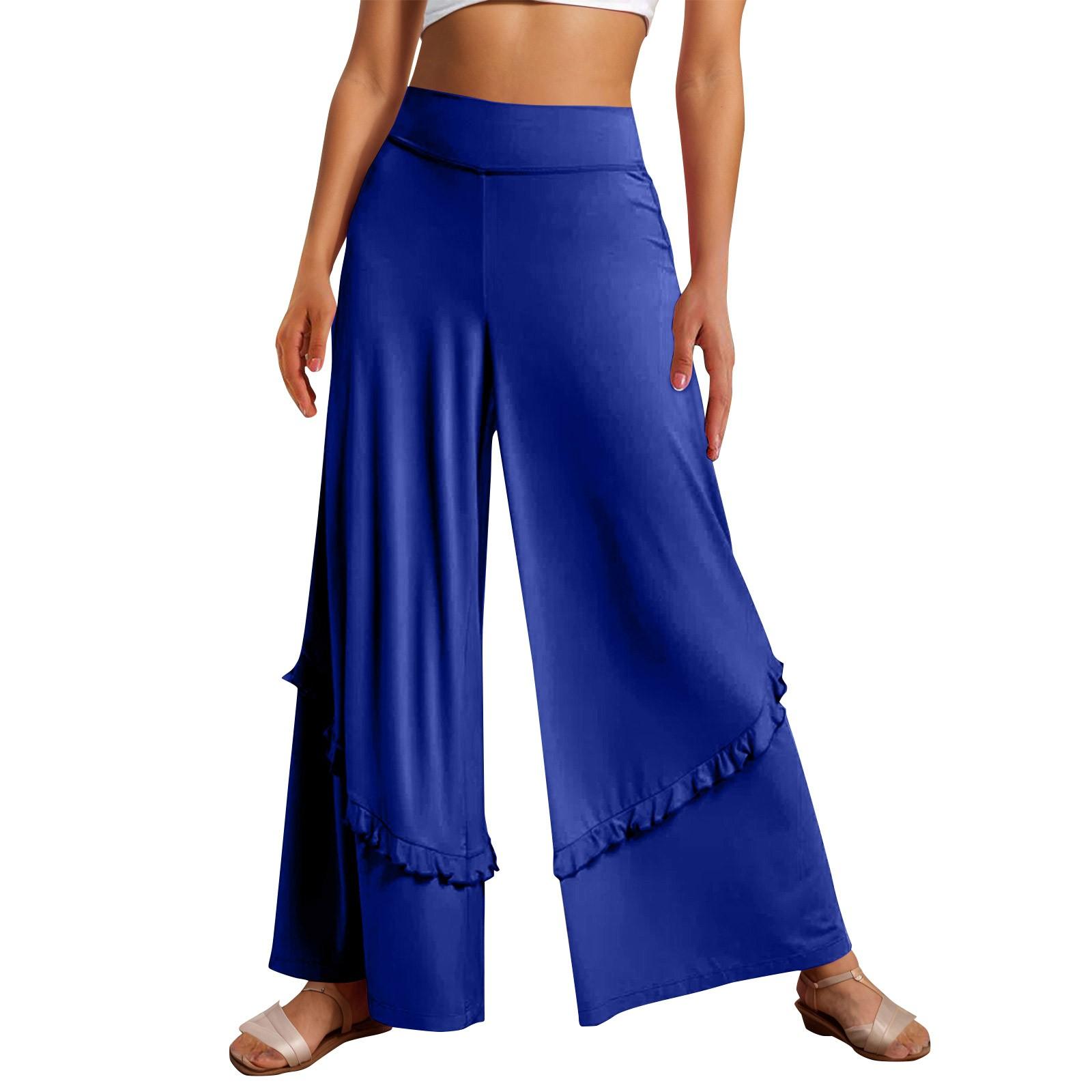 

Женские однотонные свободные талии с рюшами, струящиеся широкие повседневные брюки, широкие брюки XXL темно-синий