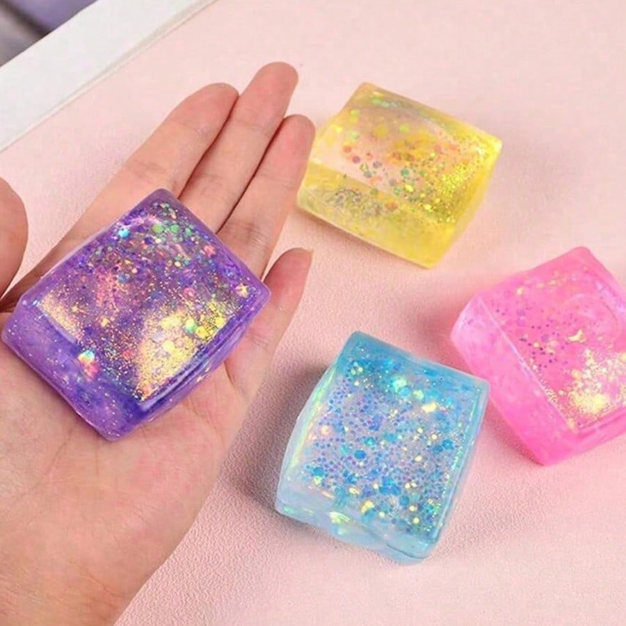 (Hefengcl) Glitter Cube Tpr Squishy Toy, Soft Stress Relief Squeeze Toy, Random Color, Ideal Party Favors & Classroom Rewards