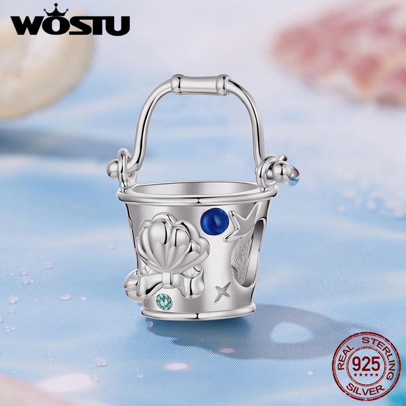 WOSTU 925 Sterling Silver Ocean Charms Starfish Shell Bucket Dolphin Surfboard DIY Beads for Original Bracelet Jewelry Making