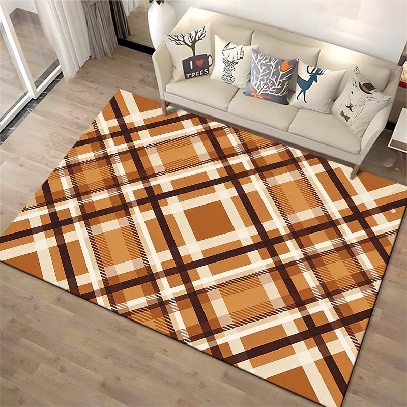Modern Plaid Pattern Carpet In Brown and Orange, Minimalist Style Rug Suitable for Use As an Anti-slip for Living Room Bedroom Sofas