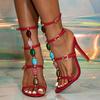 Fashion Fashion Summer Colored Gemstone Narrow Band Women Sandals Elegant Stiletto High Heels Gladiator Sandals Female Party Prom Shoes