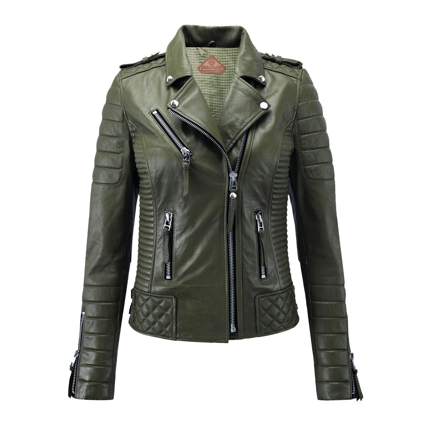 

SKINOUTFIT Women s Motorcycle Leather Jacket Genuine Olive Green Lambskin Cafe Racer Biker Outerwear XXL зелений
