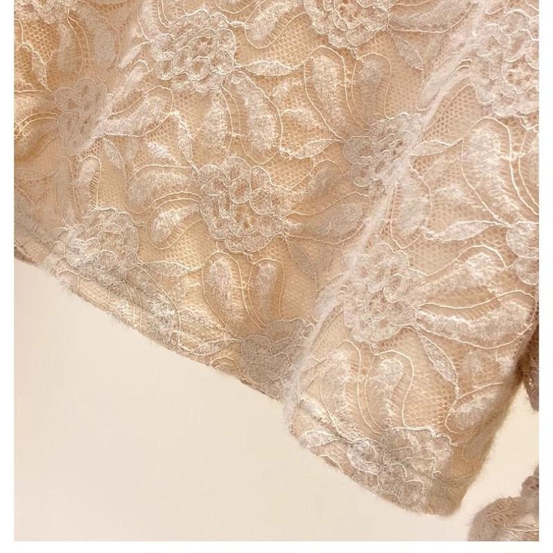 Women's Thick Lace Bottom Half High Neck Patchwork Ruched Long Sleeve Pullover Slim Top