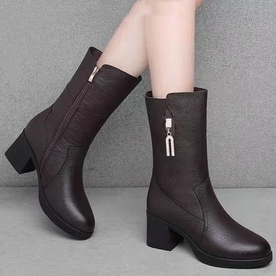 Soft Leather Mother Medium Boots Thick Heel Short Boots Winter Velvet Boots Autumn and Winter Middle Heel Women's Leather Shoes Versatile Velvet Warm