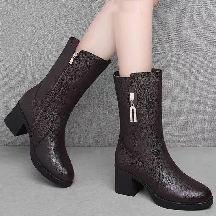 Soft Leather Mother Medium Boots Thick Heel Short Boots Winter Velvet Boots Autumn and Winter Middle Heel Women's Leather Shoes Versatile Velvet Warm