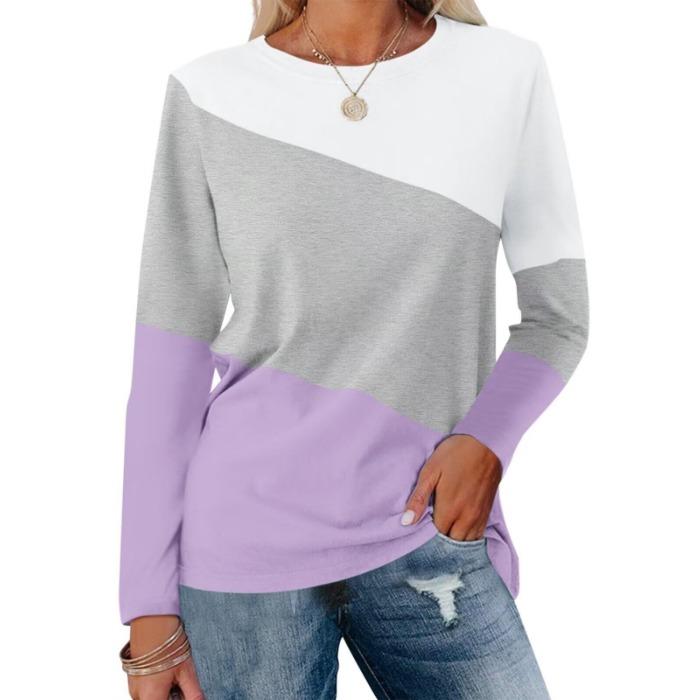 Fashion Color Blocked Long Sleeved Top with Personalized Contrasting Design for Women's Casual T-shirts