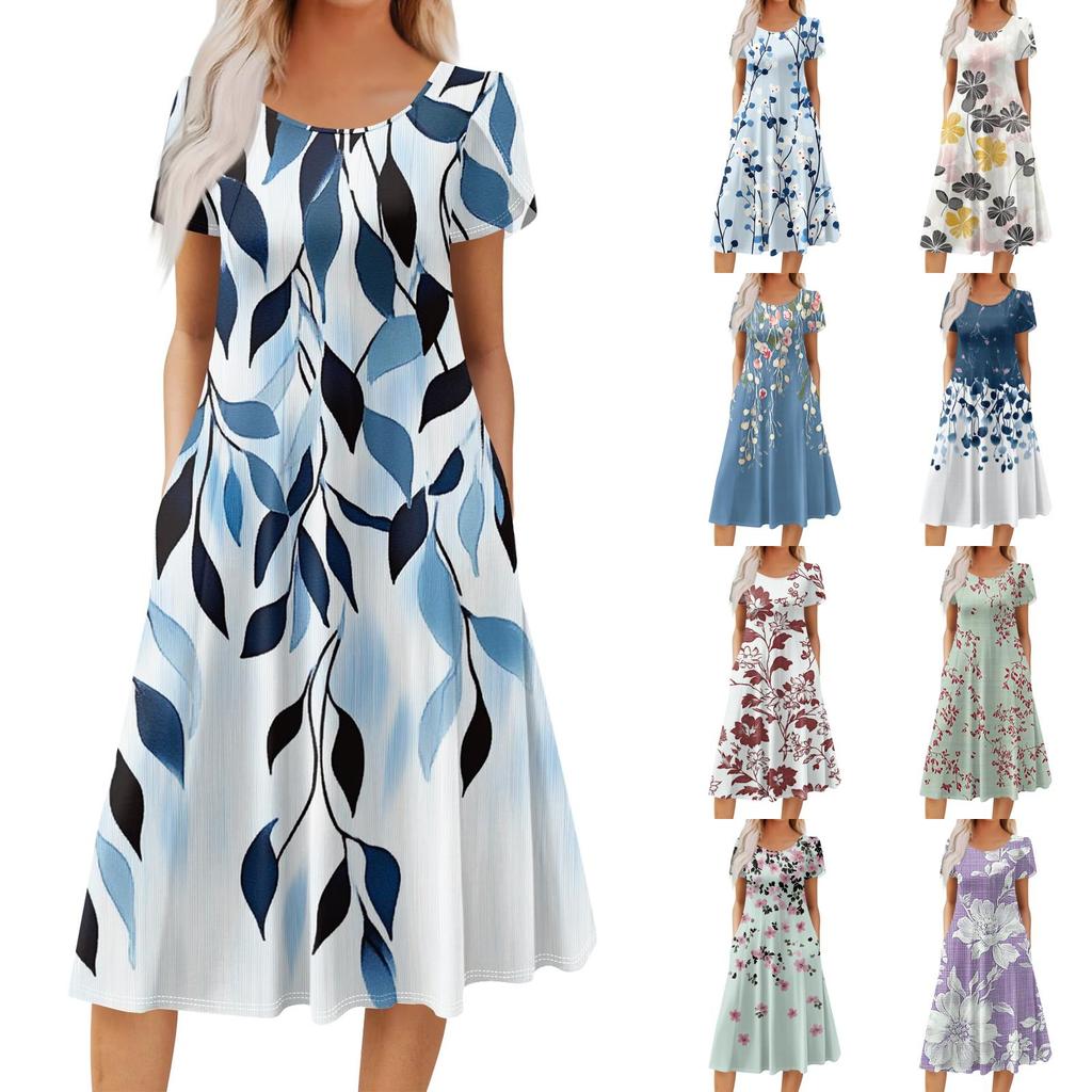 Women's Casual Fashion Round Neck Printed Short Sleeve Pocket Dress