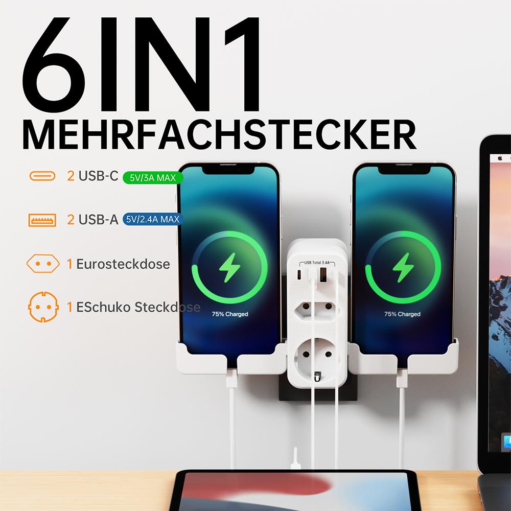 

Вилка змінного струму ЄС Подовжувач живлення Настінна розетка живлення з тримачем мобільного телефону 2 порти USB 2 типу C Адаптер мережевого фільтра для зарядки EU Plug чорний