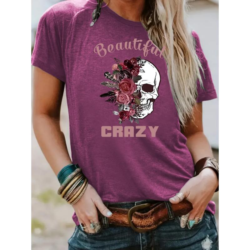 Round-neck Fashionable Skull Flower Print Top Women's T-shirt with Loose Short Sleeves