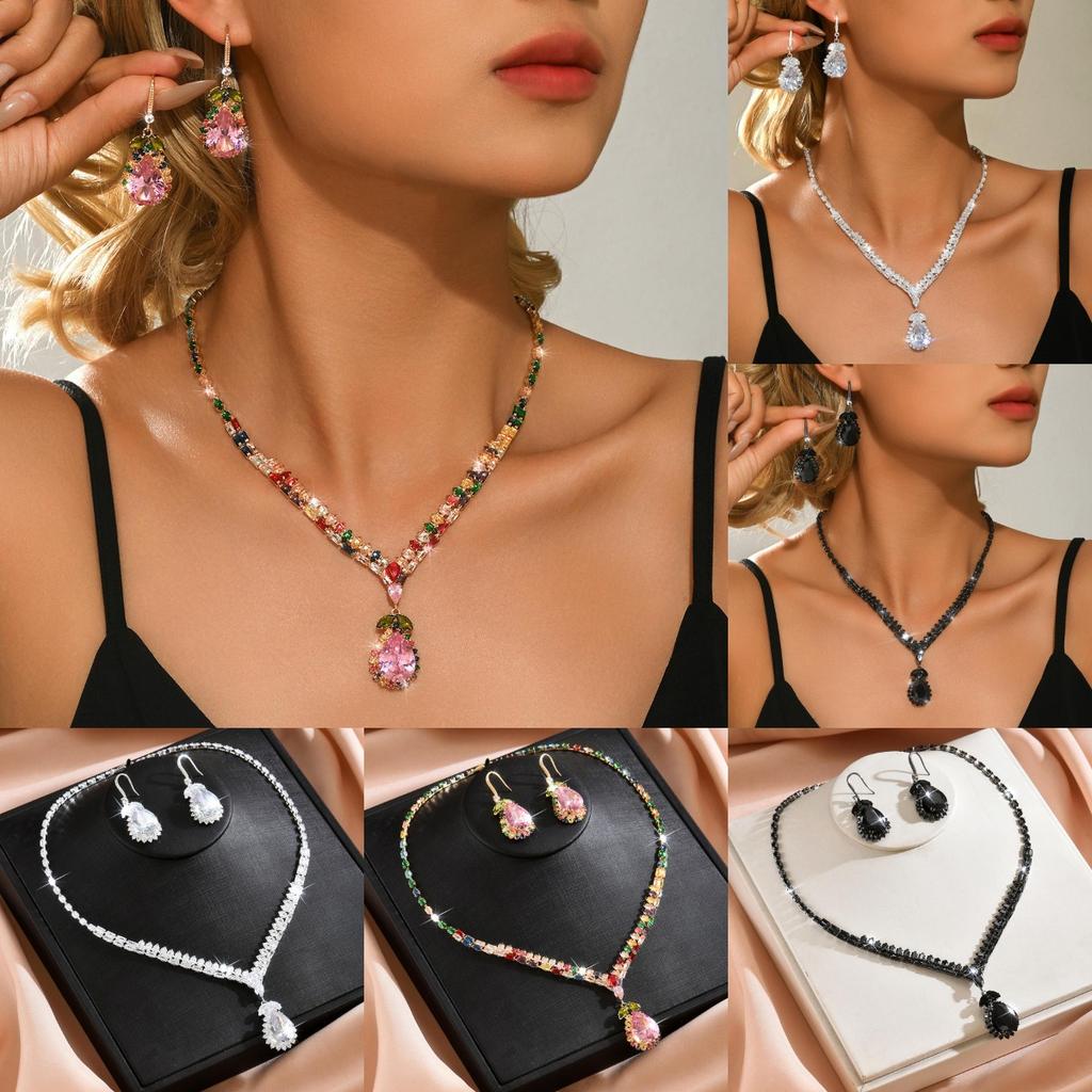 Two Piece Retro Light Luxury Zircon Water Drop Ear Hook Necklace European and American Jewelry Set for Women