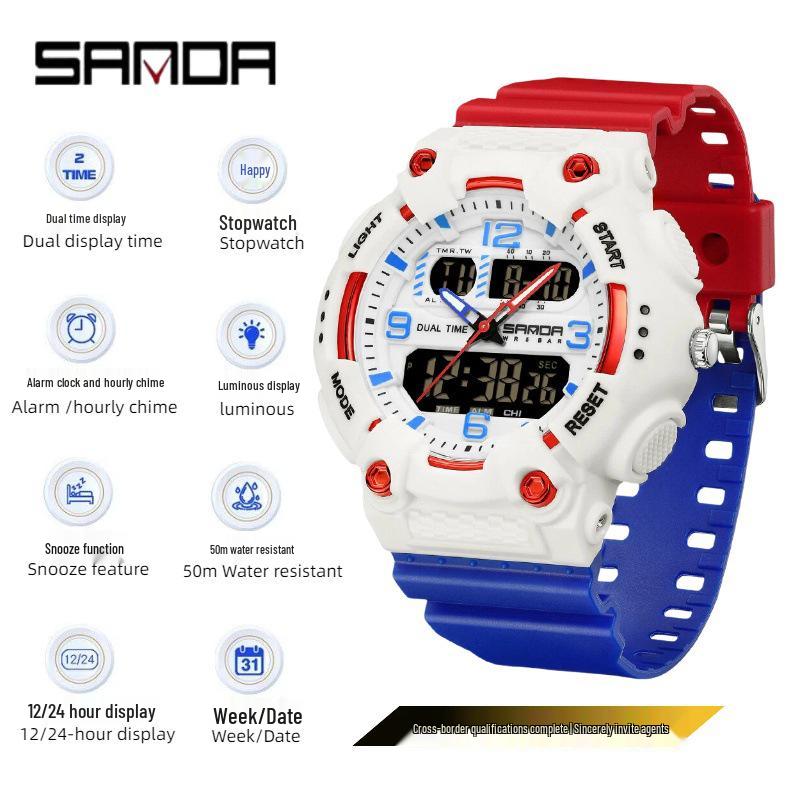 Orologio da polso sportivo multifunzione SANDA unisex con doppio display